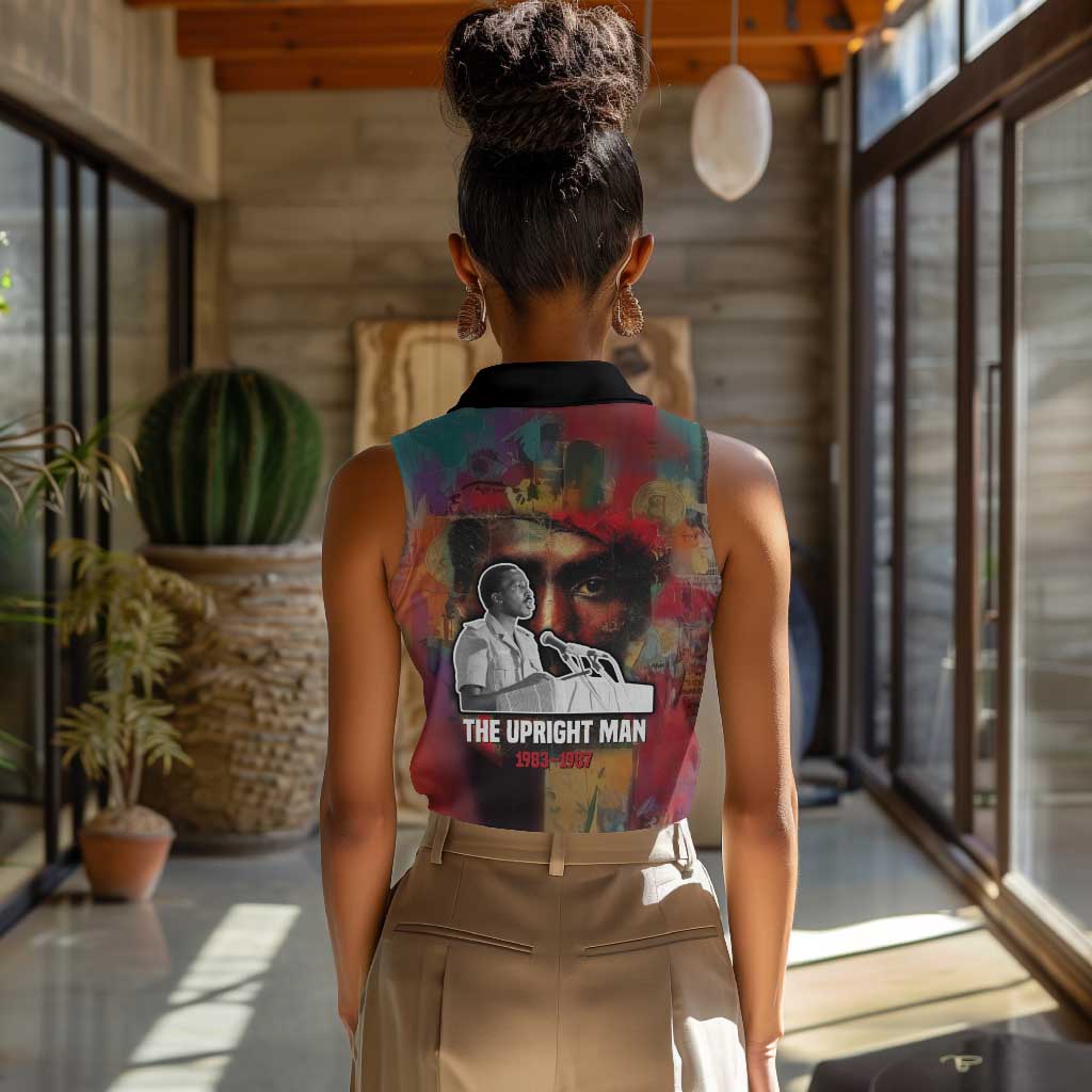 Thomas Sankara Burkina Faso Women Sleeveless Polo Shirt with Bold Portrait and The Upright Man Tribute Design - African Pride