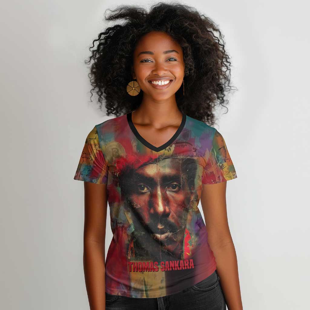 Thomas Sankara Burkina Faso Women V-Neck T-Shirt with Bold Portrait and The Upright Man Tribute Design - African Pride