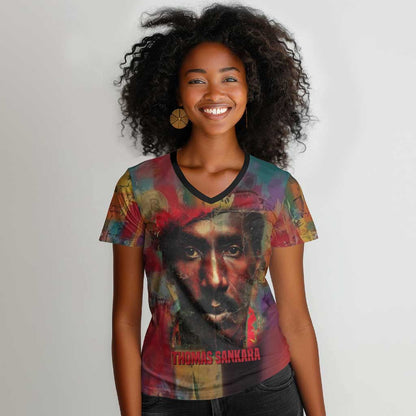 Thomas Sankara Burkina Faso Women V-Neck T-Shirt with Bold Portrait and The Upright Man Tribute Design - African Pride