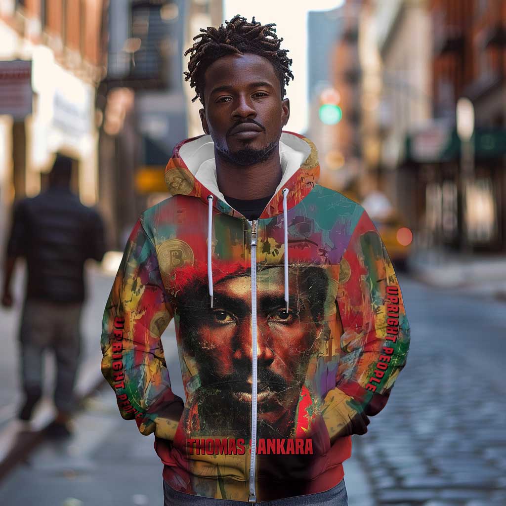 Thomas Sankara Burkina Faso Zip Hoodie with Bold Portrait and The Upright Man Tribute Design - African Pride