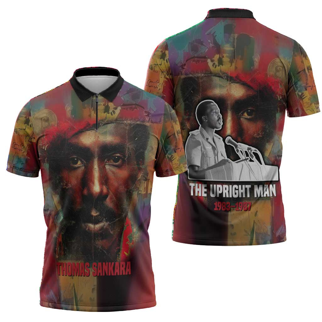 Thomas Sankara Burkina Faso Zipper Polo Shirt with Bold Portrait and The Upright Man Tribute Design - African Pride