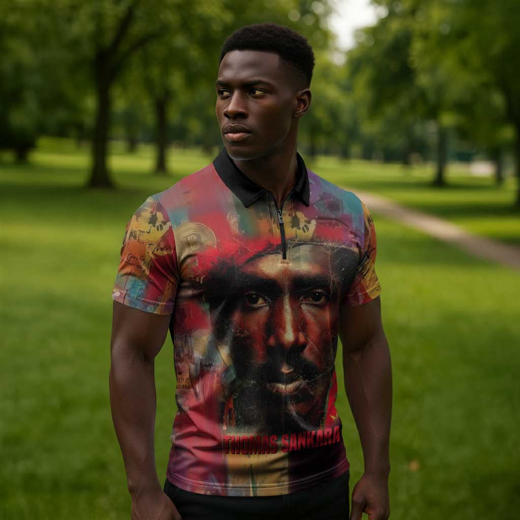 Thomas Sankara Burkina Faso Zipper Polo Shirt with Bold Portrait and The Upright Man Tribute Design - African Pride