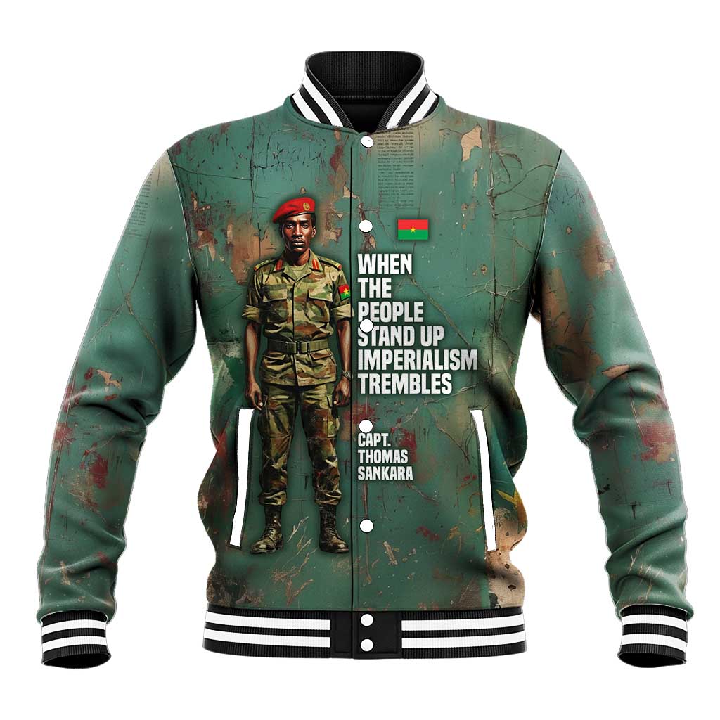 Burkina Faso Thomas Sankara Baseball Jacket with Military Stance and Anti-Imperialist Quote Tribute Design - African Pride