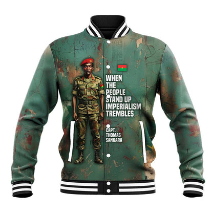 Burkina Faso Thomas Sankara Baseball Jacket with Military Stance and Anti-Imperialist Quote Tribute Design - African Pride