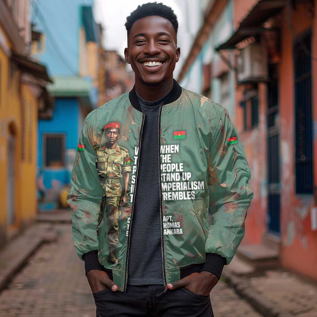 Burkina Faso Thomas Sankara Bomber Jacket with Military Stance and Anti-Imperialist Quote Tribute Design - African Pride