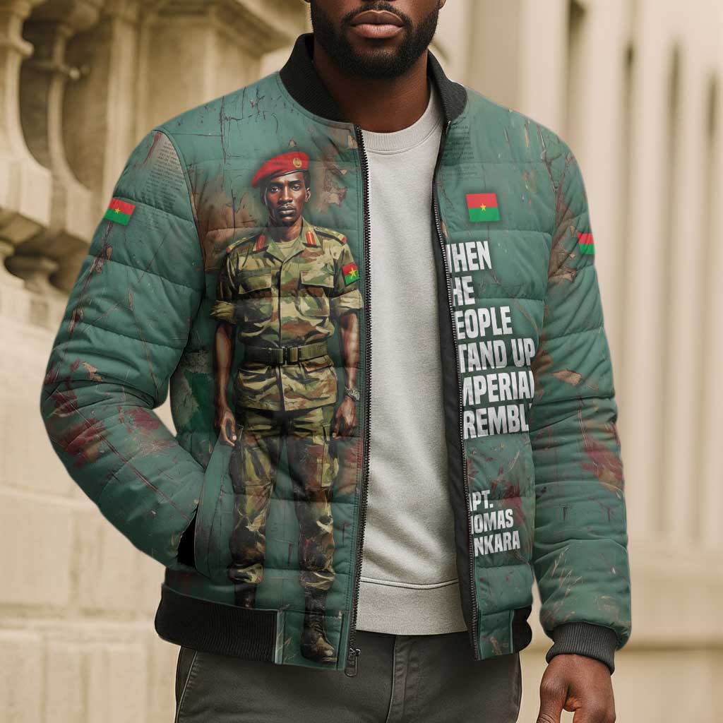Burkina Faso Thomas Sankara Bomber Puffer Jacket with Military Stance and Anti-Imperialist Quote Tribute Design - African Pride