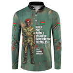 Burkina Faso Thomas Sankara Button Sweatshirt with Military Stance and Anti-Imperialist Quote Tribute Design