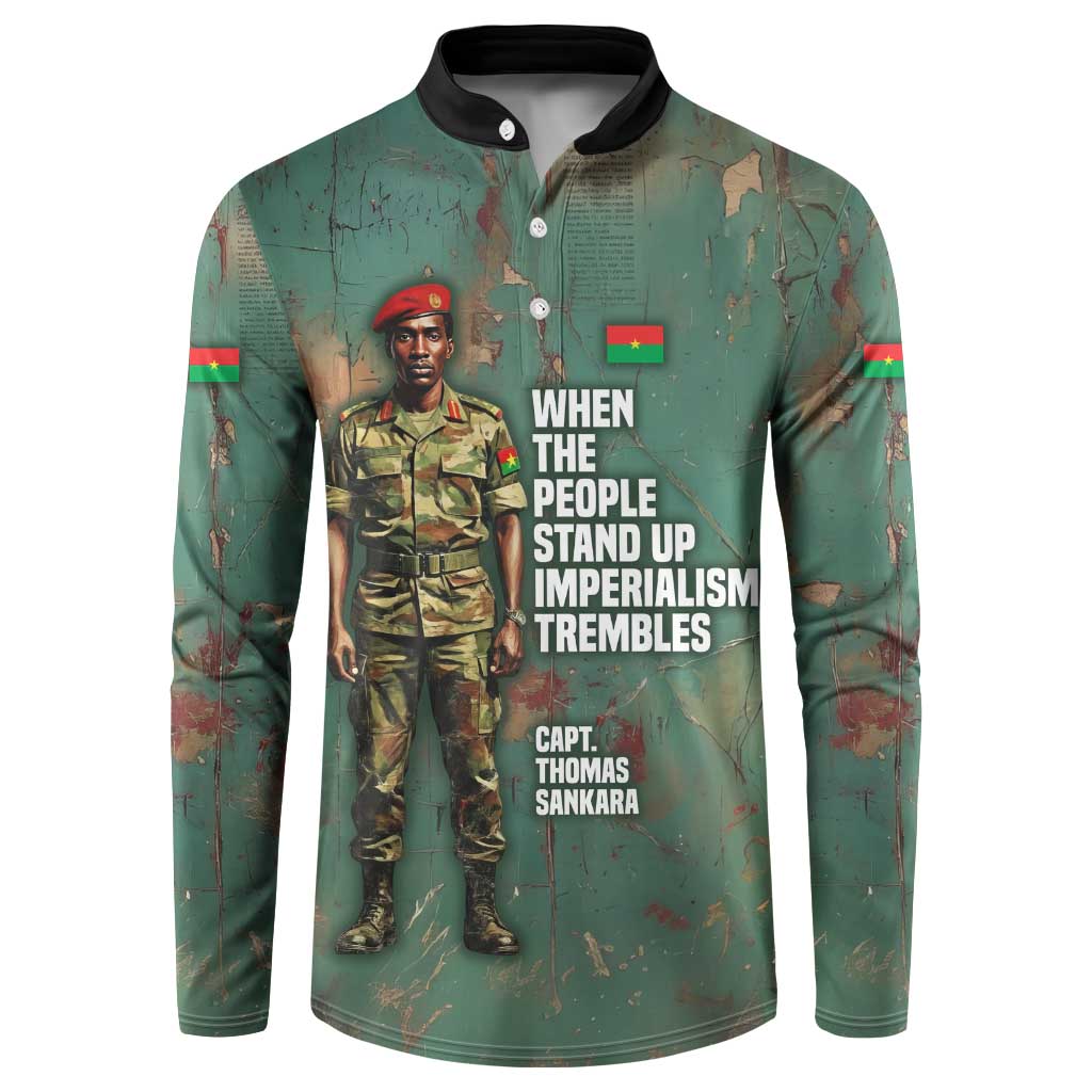 Burkina Faso Thomas Sankara Button Sweatshirt with Military Stance and Anti-Imperialist Quote Tribute Design