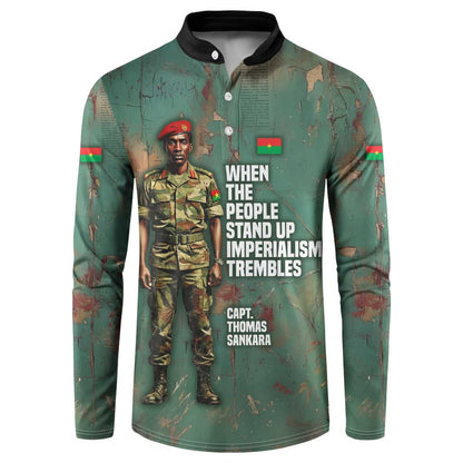 Burkina Faso Thomas Sankara Button Sweatshirt with Military Stance and Anti-Imperialist Quote Tribute Design