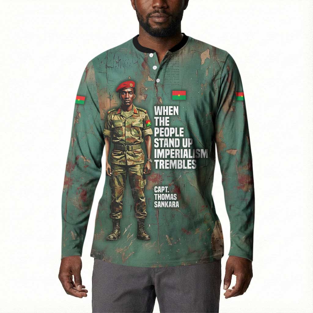 Burkina Faso Thomas Sankara Button Sweatshirt with Military Stance and Anti-Imperialist Quote Tribute Design