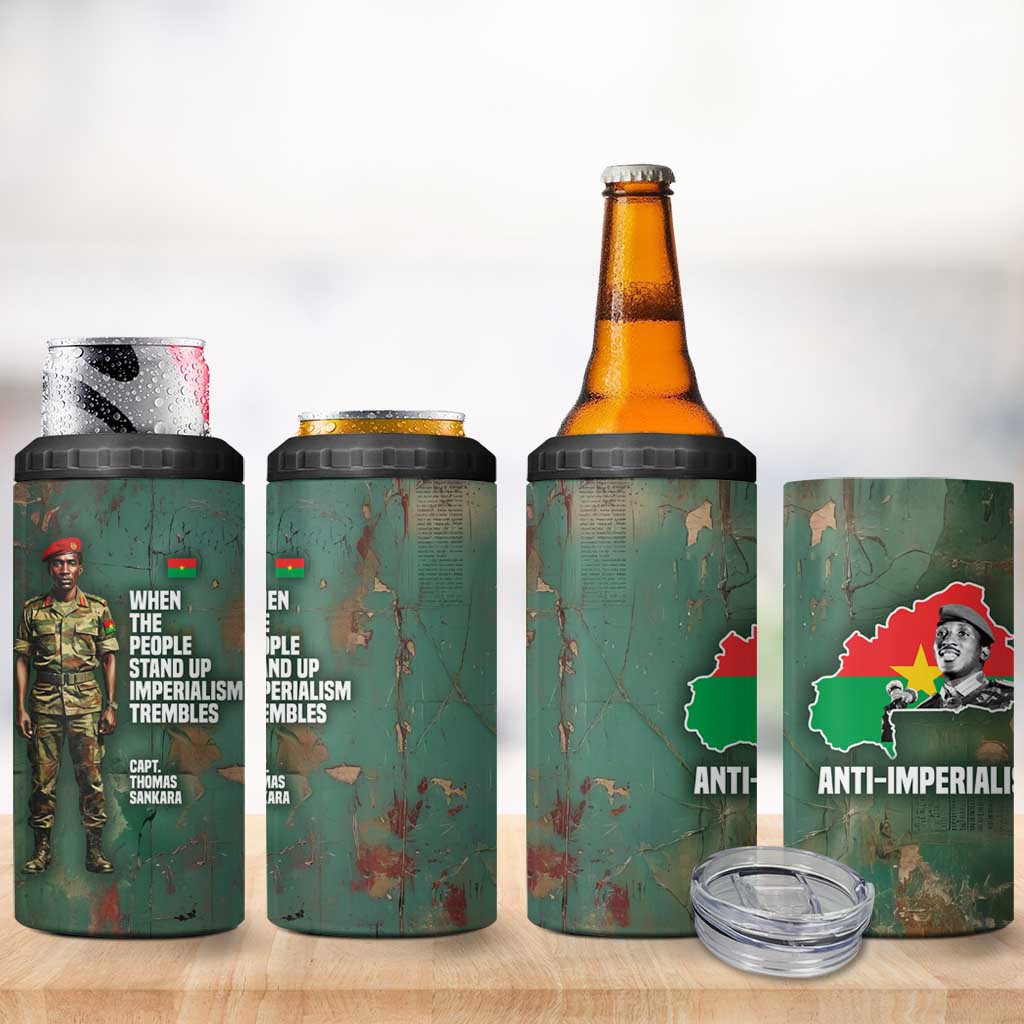 Burkina Faso Thomas Sankara 4 in 1 Can Cooler Tumbler with Military Stance and Anti-Imperialist Quote Tribute Design - African Pride