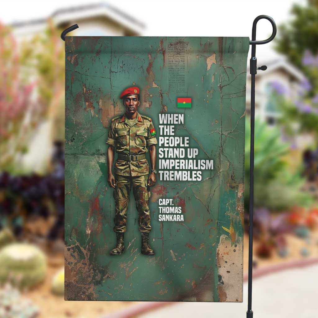 Burkina Faso Thomas Sankara Garden Flag with Military Stance and Anti-Imperialist Quote Tribute Design - African Pride