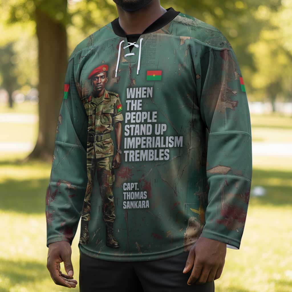 Burkina Faso Thomas Sankara Hockey Jersey with Military Stance and Anti-Imperialist Quote Tribute Design - African Pride