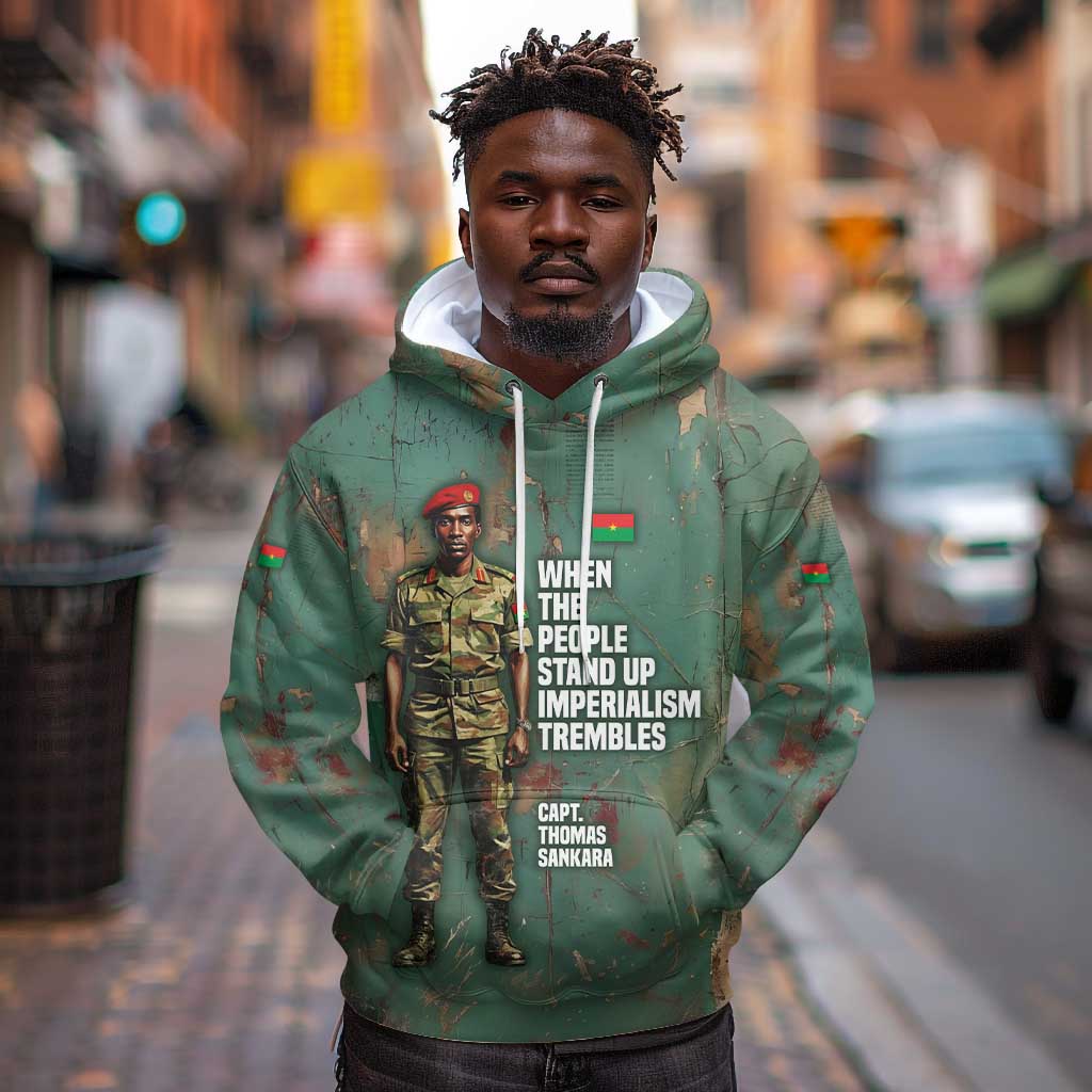 Burkina Faso Thomas Sankara Hoodie with Military Stance and Anti-Imperialist Quote Tribute Design - African Pride