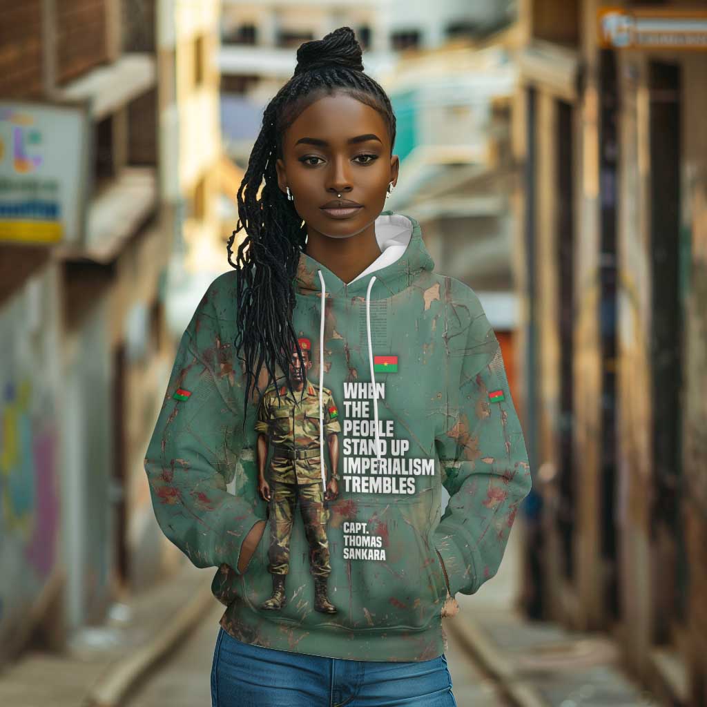 Burkina Faso Thomas Sankara Hoodie with Military Stance and Anti-Imperialist Quote Tribute Design - African Pride