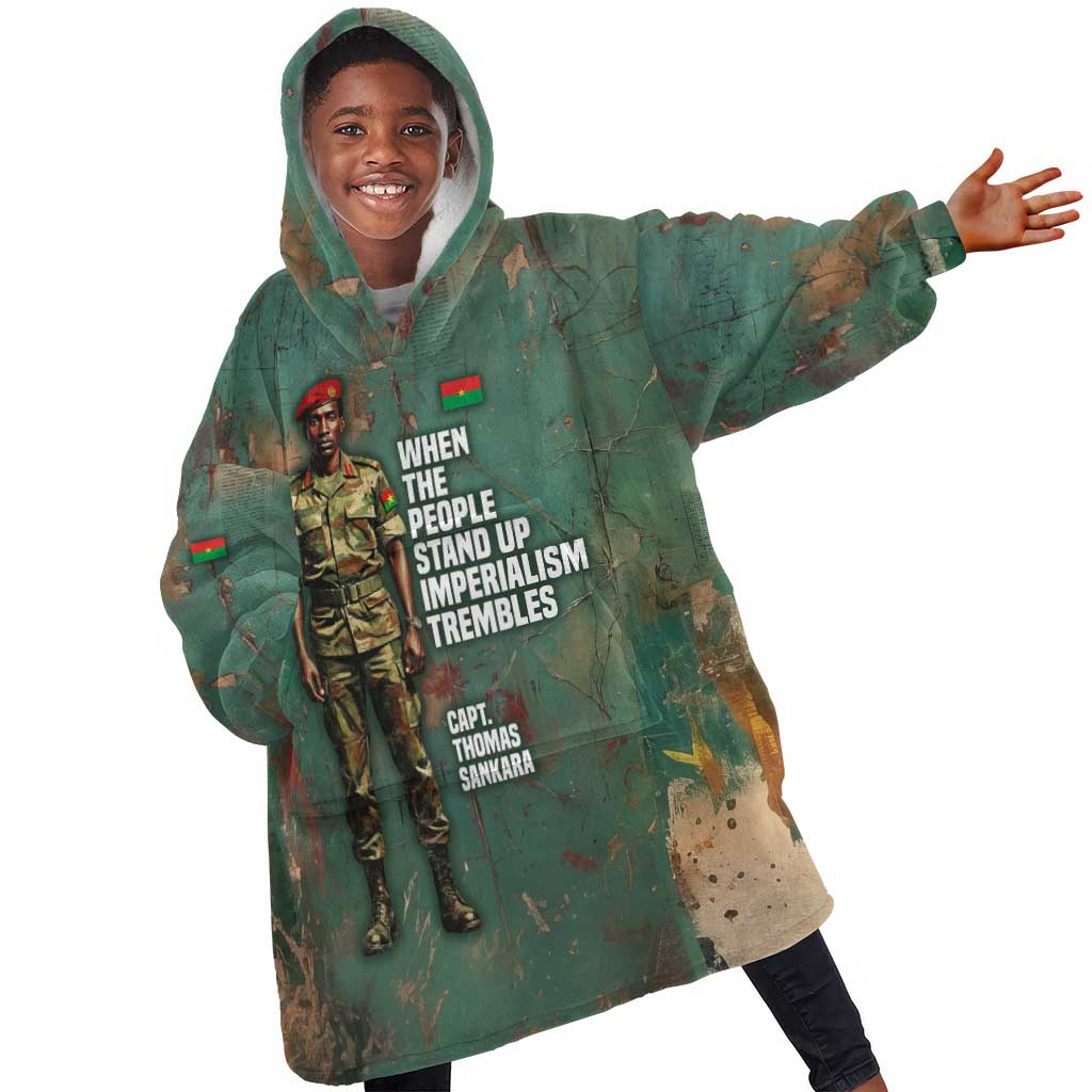 Burkina Faso Thomas Sankara Kid Wearable Blanket Hoodie with Military Stance and Anti-Imperialist Quote Tribute Design - African Pride