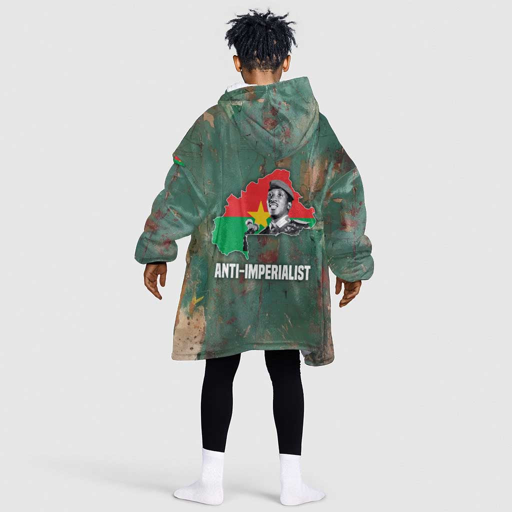 Burkina Faso Thomas Sankara Kid Wearable Blanket Hoodie with Military Stance and Anti-Imperialist Quote Tribute Design - African Pride