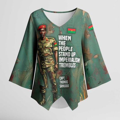 Burkina Faso Thomas Sankara Kimono Sleeve Blouse with Military Stance and Anti-Imperialist Quote Tribute Design - African Pride
