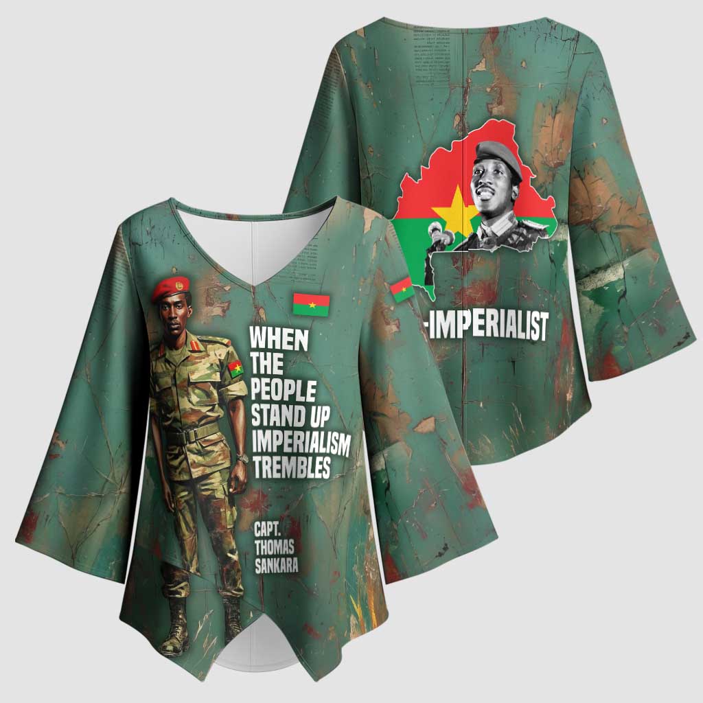 Burkina Faso Thomas Sankara Kimono Sleeve Blouse with Military Stance and Anti-Imperialist Quote Tribute Design - African Pride