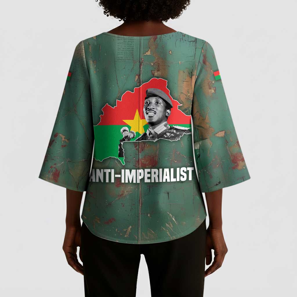 Burkina Faso Thomas Sankara Kimono Sleeve Blouse with Military Stance and Anti-Imperialist Quote Tribute Design - African Pride