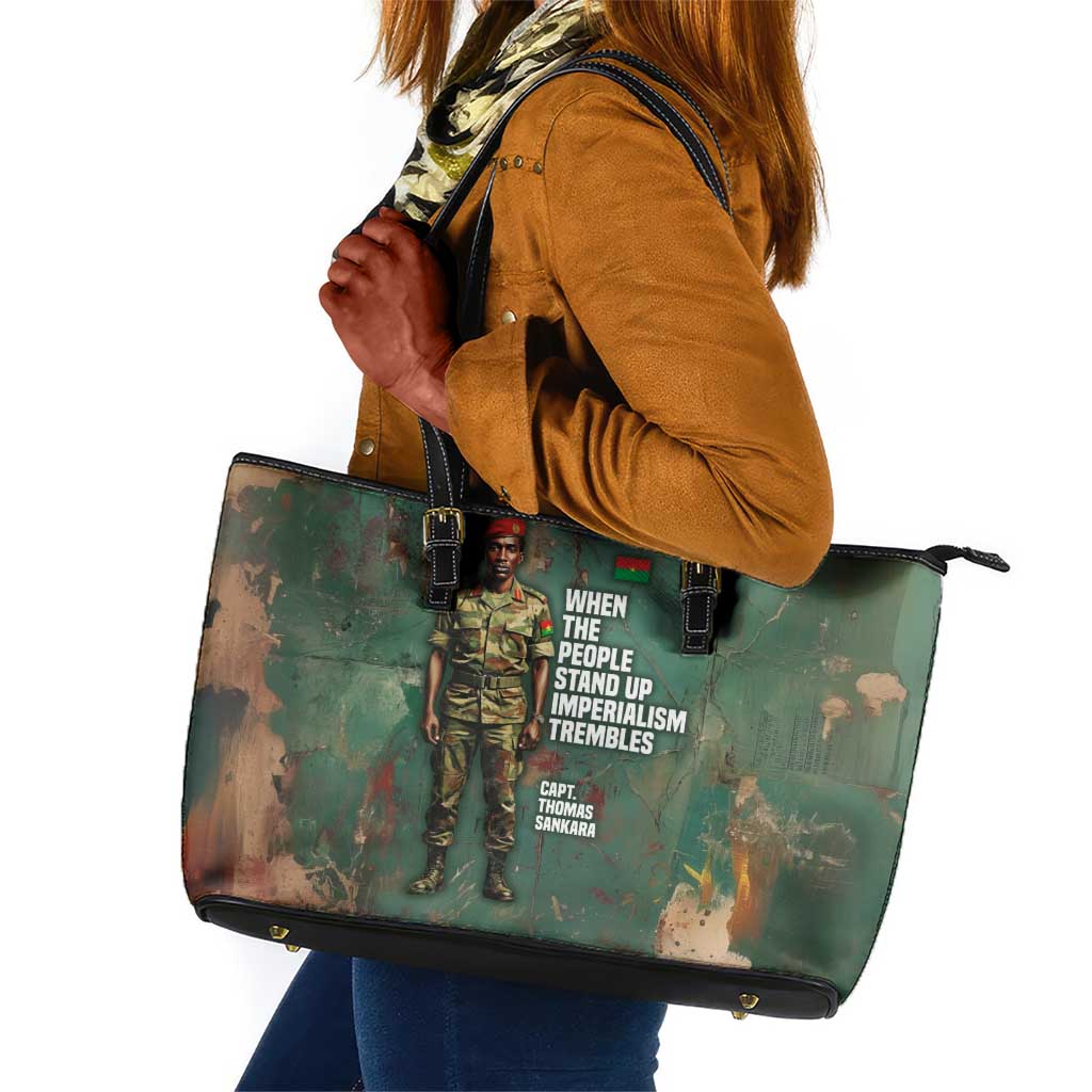 Burkina Faso Thomas Sankara Leather Tote Bag with Military Stance and Anti-Imperialist Quote Tribute Design - African Pride