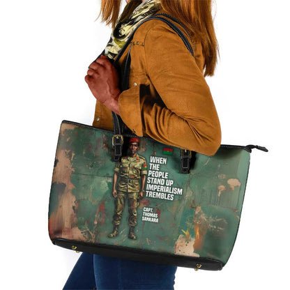 Burkina Faso Thomas Sankara Leather Tote Bag with Military Stance and Anti-Imperialist Quote Tribute Design - African Pride
