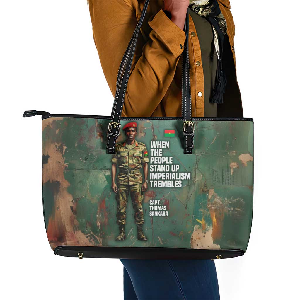Burkina Faso Thomas Sankara Leather Tote Bag with Military Stance and Anti-Imperialist Quote Tribute Design - African Pride