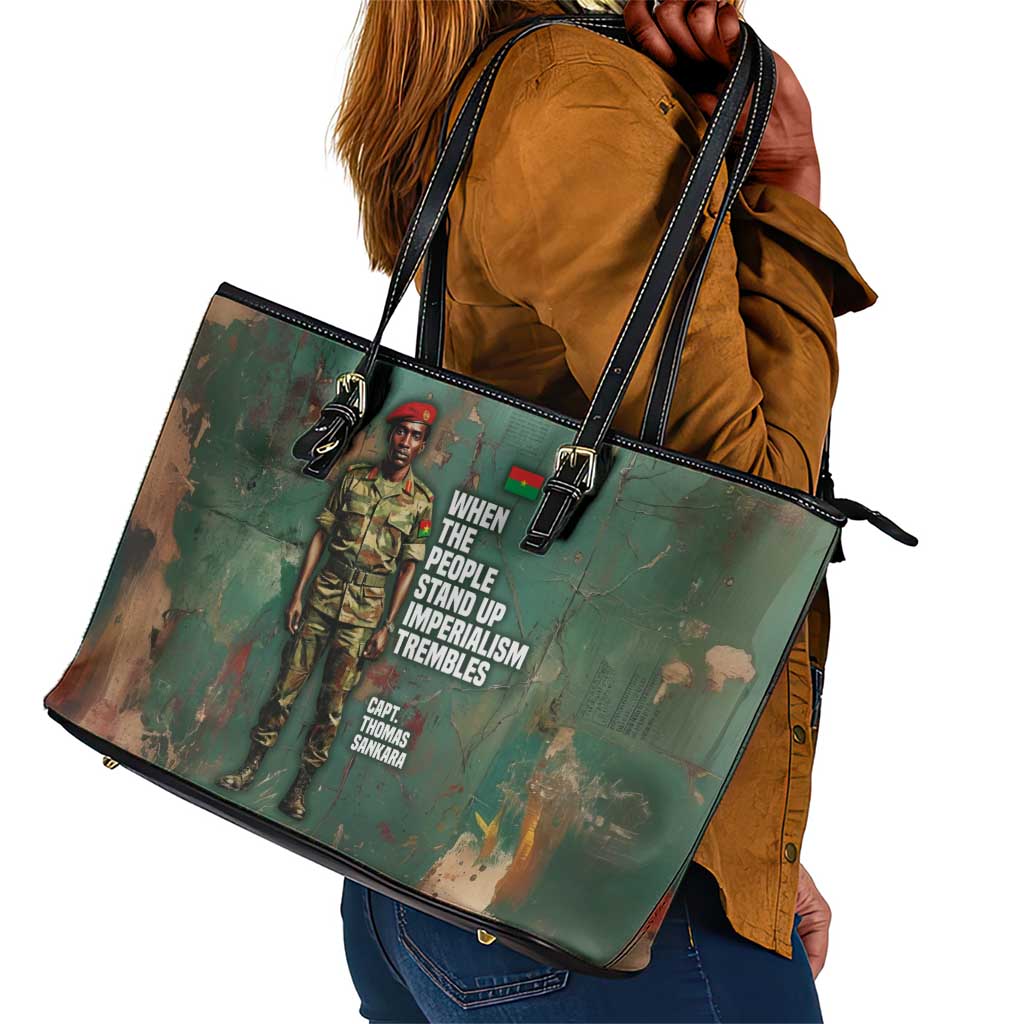 Burkina Faso Thomas Sankara Leather Tote Bag with Military Stance and Anti-Imperialist Quote Tribute Design - African Pride