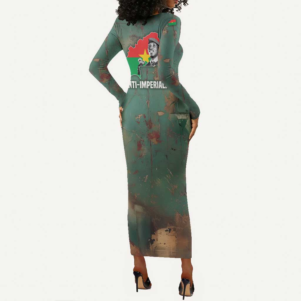 Burkina Faso Thomas Sankara Long Sleeve Bodycon Dress with Military Stance and Anti-Imperialist Quote Tribute Design - African Pride