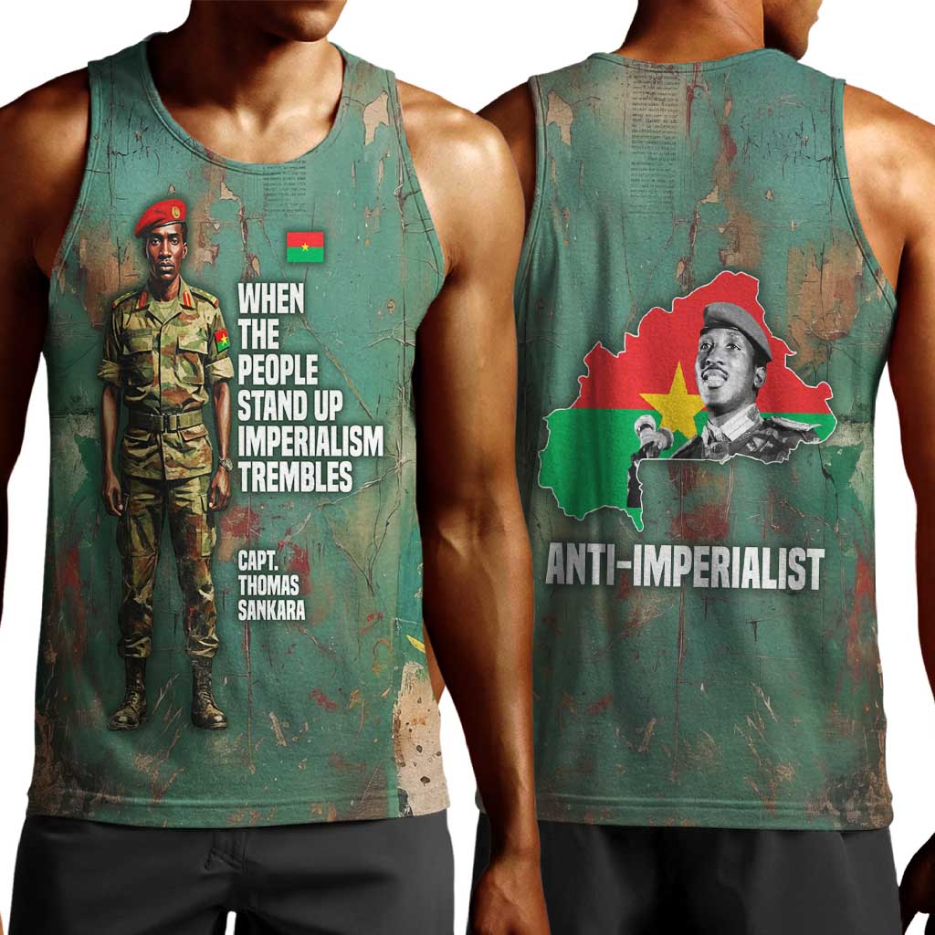 Burkina Faso Thomas Sankara Men Tank Top with Military Stance and Anti-Imperialist Quote Tribute Design - African Pride