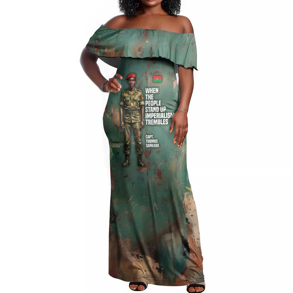 Burkina Faso Thomas Sankara Off Shoulder Maxi Dress with Military Stance and Anti-Imperialist Quote Tribute Design - African Pride