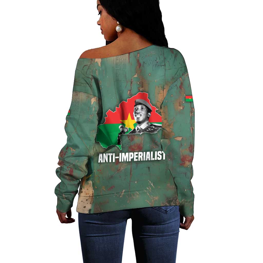 Burkina Faso Thomas Sankara Off Shoulder Sweater with Military Stance and Anti-Imperialist Quote Tribute Design - African Pride