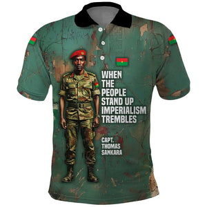 Burkina Faso Thomas Sankara Polo Shirt with Military Stance and Anti-Imperialist Quote Tribute Design - African Pride
