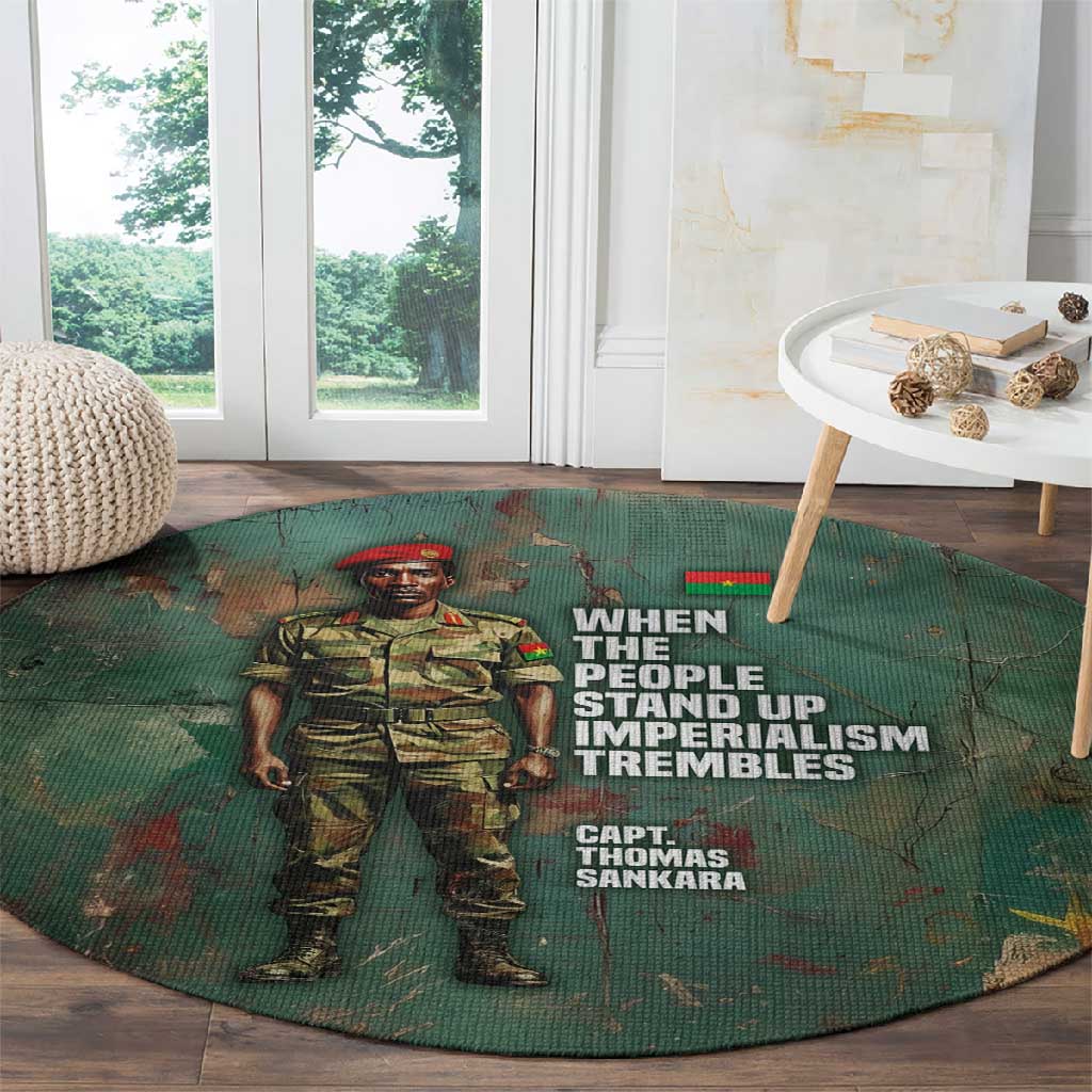 Burkina Faso Thomas Sankara Round Carpet with Military Stance and Anti-Imperialist Quote Tribute Design - African Pride