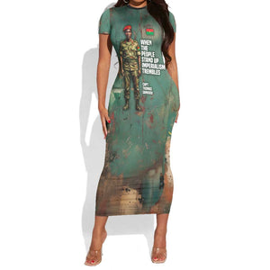 Burkina Faso Thomas Sankara Short Sleeve Bodycon Dress with Military Stance and Anti-Imperialist Quote Tribute Design - African Pride