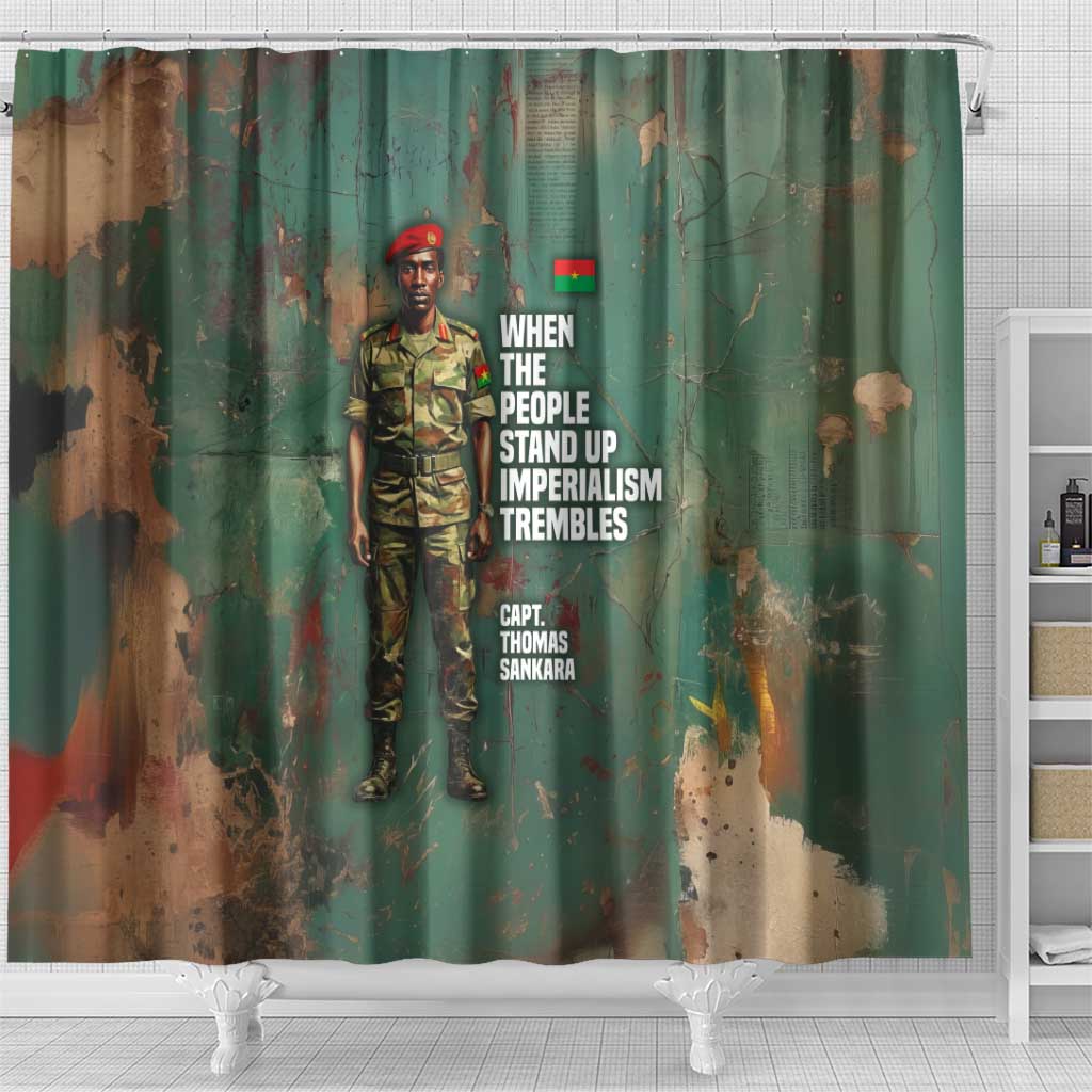 Burkina Faso Thomas Sankara Shower Curtain with Military Stance and Anti-Imperialist Quote Tribute Design - African Pride