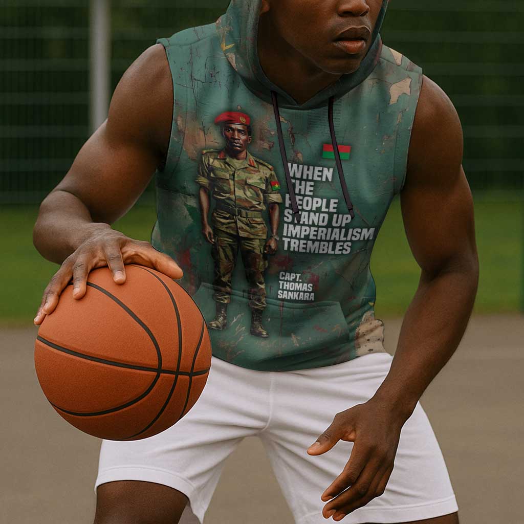 Burkina Faso Thomas Sankara Sleeveless Hoodie with Military Stance and Anti-Imperialist Quote Tribute Design - African Pride
