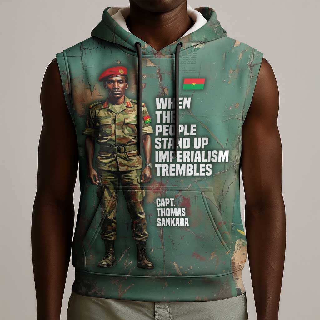 Burkina Faso Thomas Sankara Sleeveless Hoodie with Military Stance and Anti-Imperialist Quote Tribute Design - African Pride