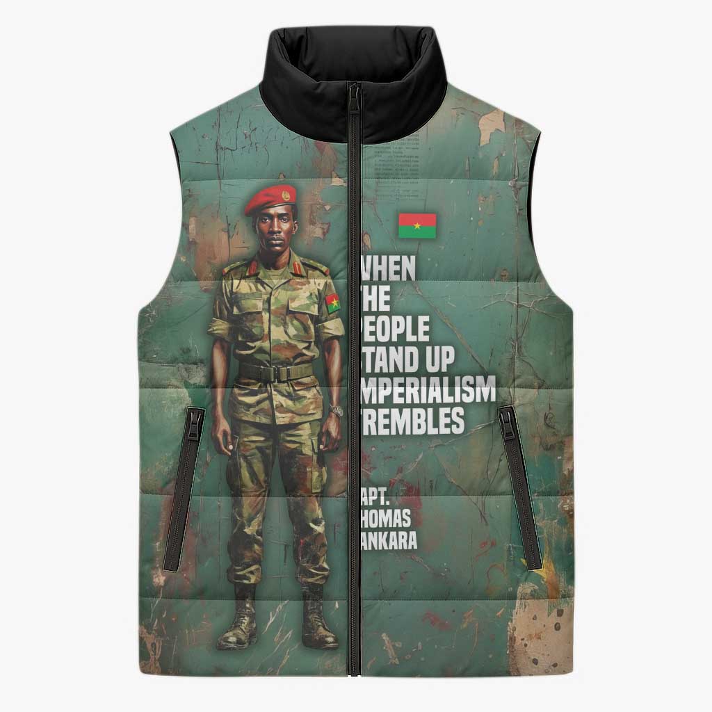 Burkina Faso Thomas Sankara Sleeveless Puffer Jacket with Military Stance and Anti-Imperialist Quote Tribute Design - African Pride
