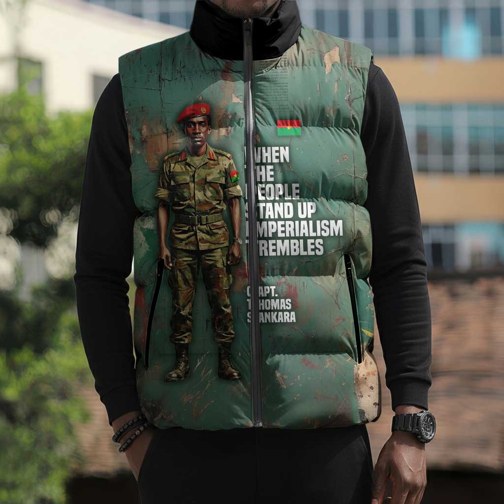 Burkina Faso Thomas Sankara Sleeveless Puffer Jacket with Military Stance and Anti-Imperialist Quote Tribute Design - African Pride