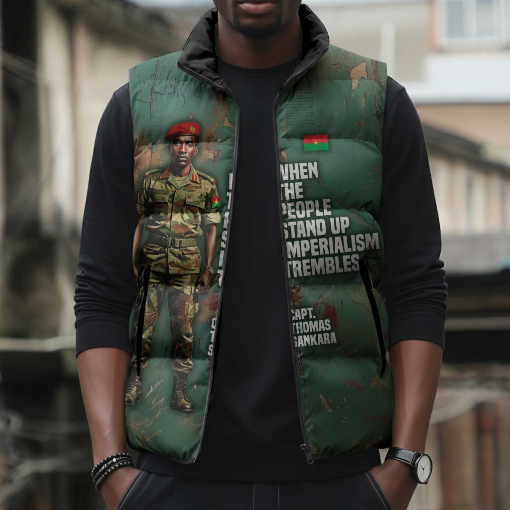 Burkina Faso Thomas Sankara Sleeveless Puffer Jacket with Military Stance and Anti-Imperialist Quote Tribute Design - African Pride