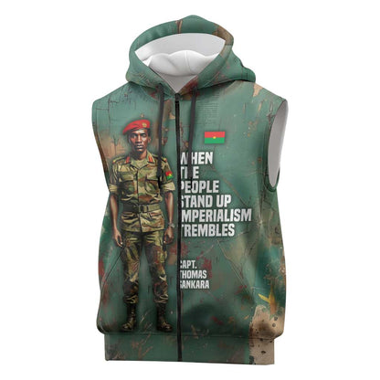 Burkina Faso Thomas Sankara Sleeveless Zip Hoodie with Military Stance and Anti-Imperialist Quote Tribute Design - African Pride