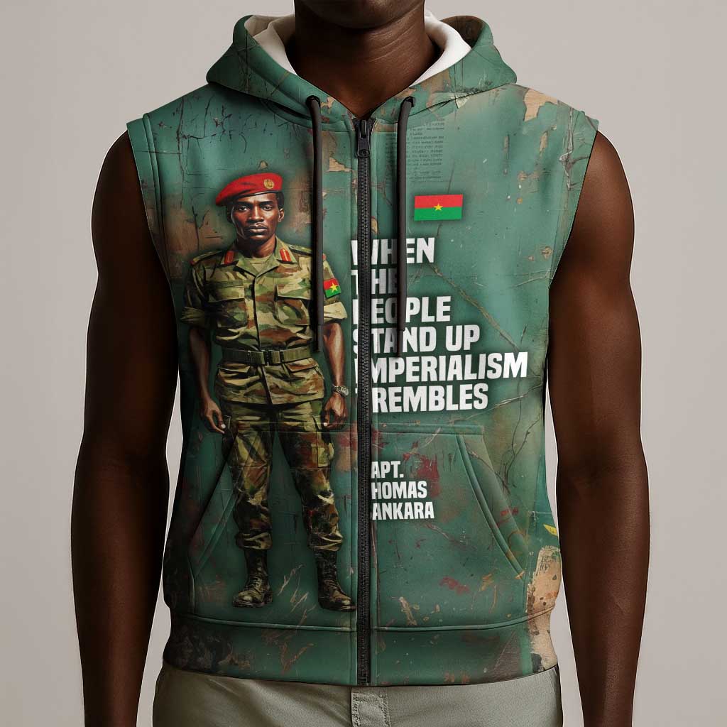 Burkina Faso Thomas Sankara Sleeveless Zip Hoodie with Military Stance and Anti-Imperialist Quote Tribute Design - African Pride