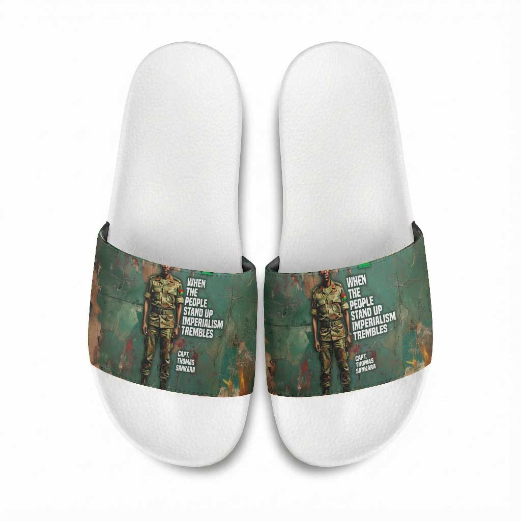 Burkina Faso Thomas Sankara Slide Sandals with Military Stance and Anti-Imperialist Quote Tribute Design - African Pride