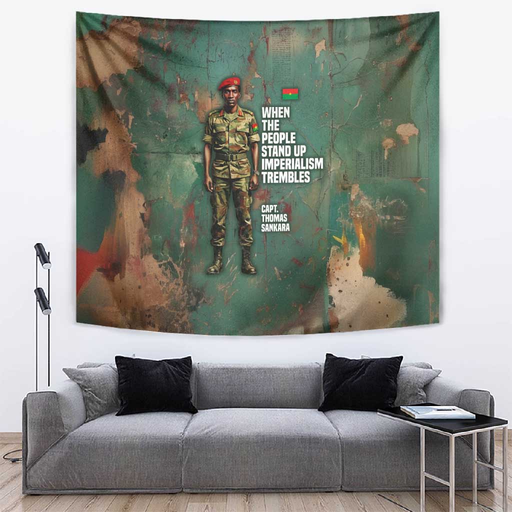 Burkina Faso Thomas Sankara Tapestry with Military Stance and Anti-Imperialist Quote Tribute Design - African Pride