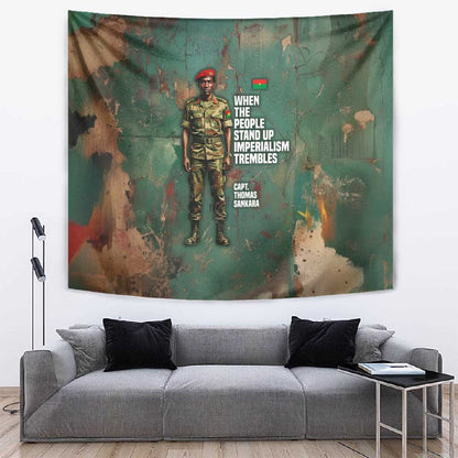 Burkina Faso Thomas Sankara Tapestry with Military Stance and Anti-Imperialist Quote Tribute Design - African Pride