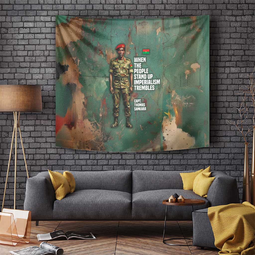 Burkina Faso Thomas Sankara Tapestry with Military Stance and Anti-Imperialist Quote Tribute Design - African Pride