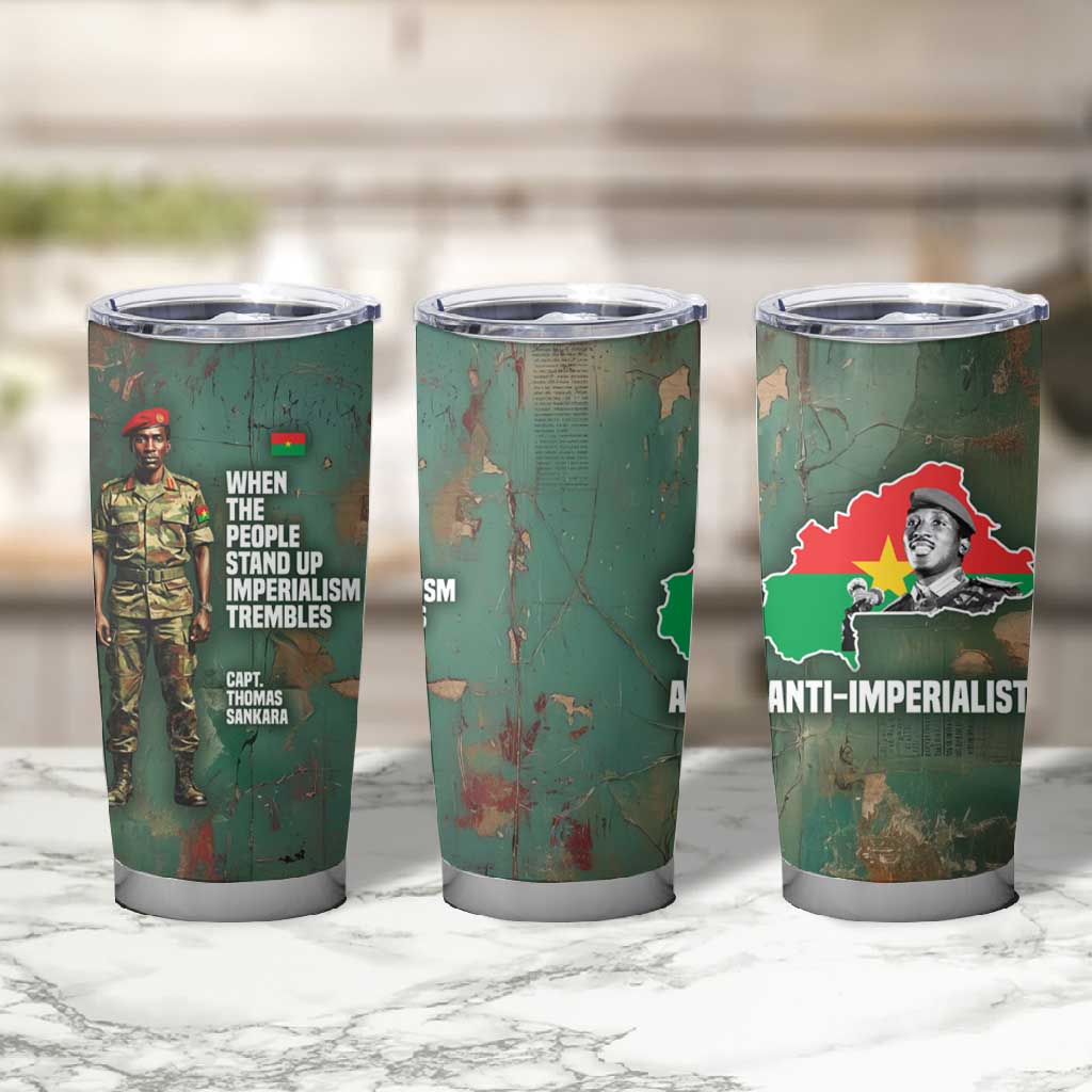 Burkina Faso Thomas Sankara Tumbler Cup with Military Stance and Anti-Imperialist Quote Tribute Design - African Pride