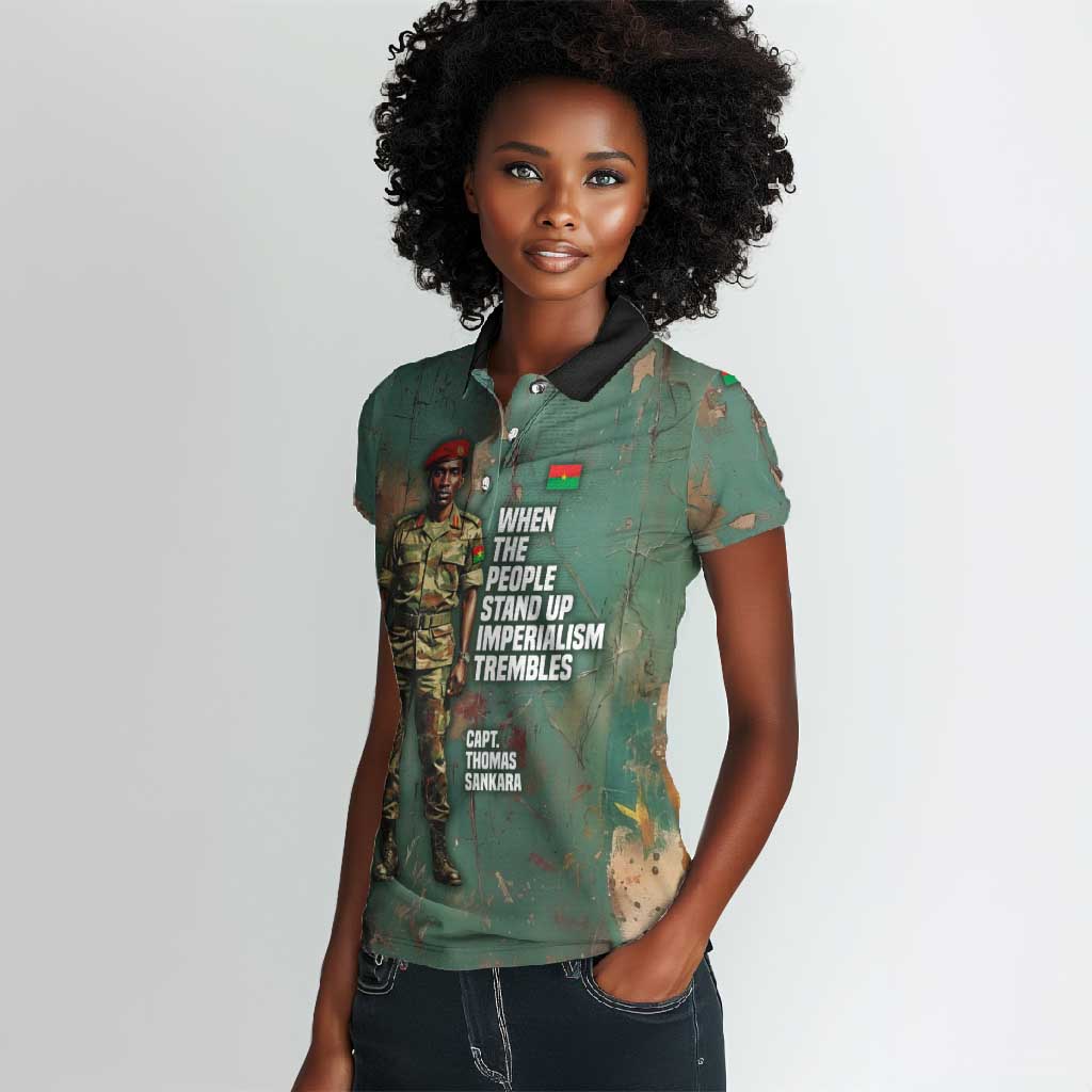 Burkina Faso Thomas Sankara Women Polo Shirt with Military Stance and Anti-Imperialist Quote Tribute Design - African Pride
