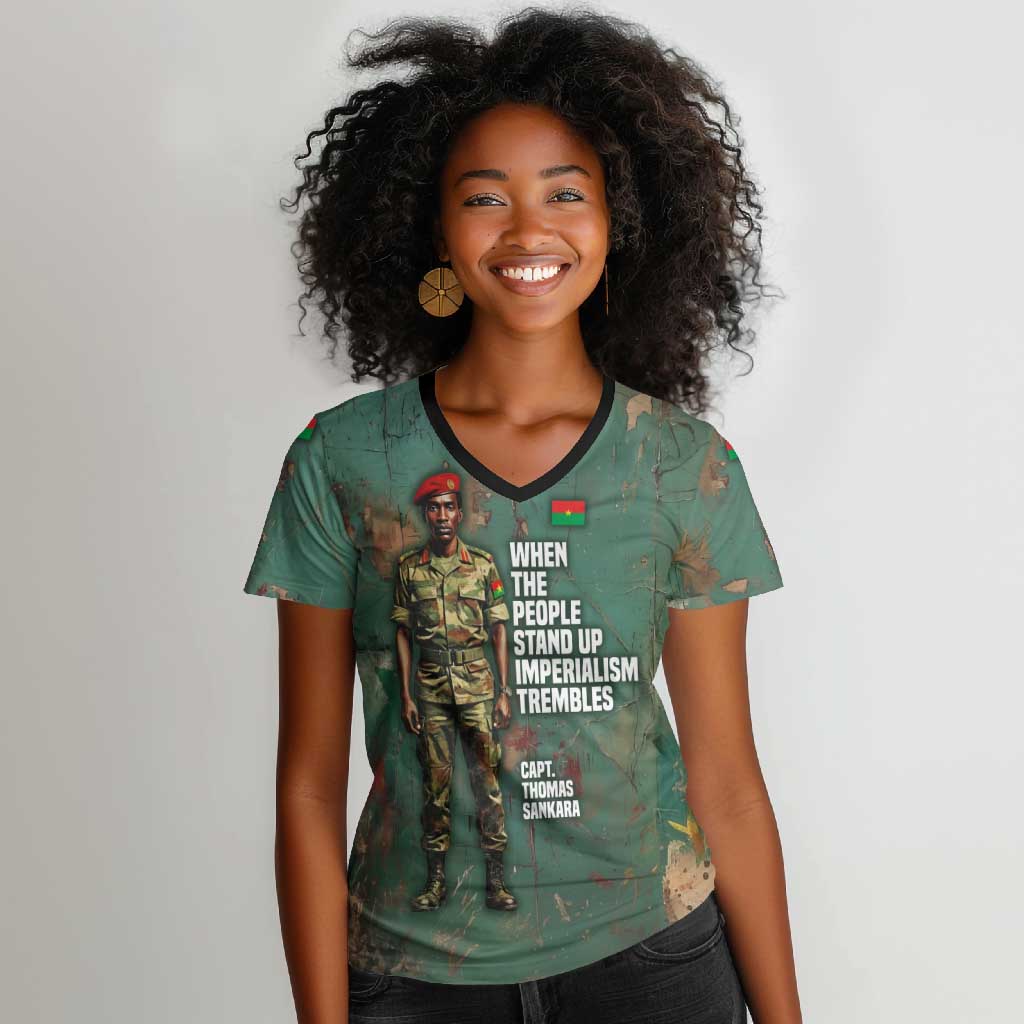 Burkina Faso Thomas Sankara Women V-Neck T-Shirt with Military Stance and Anti-Imperialist Quote Tribute Design - African Pride